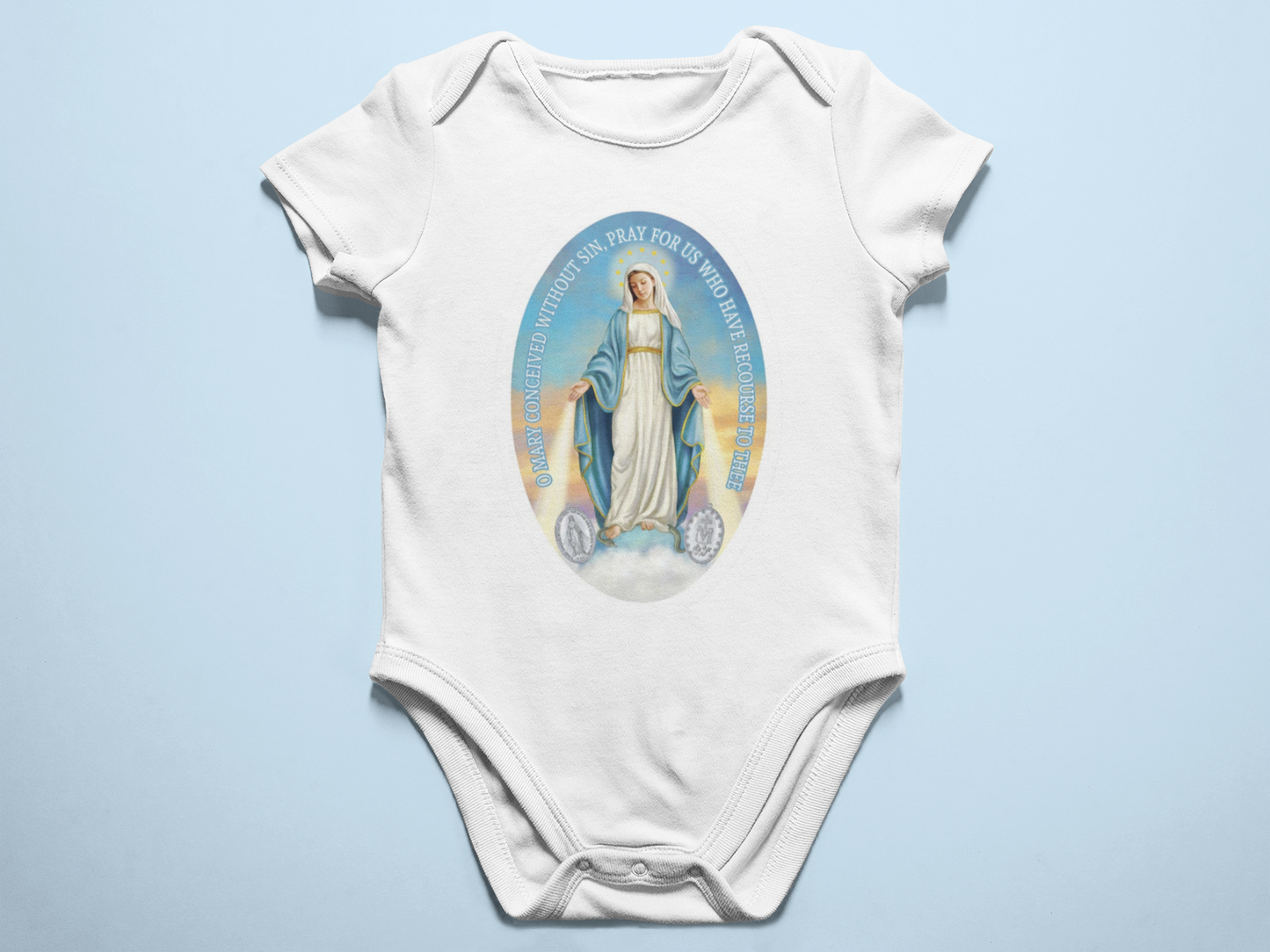 Miraculous Medal Baby Bodysuit, Blessed Virgin Mary Bodysuit, Catholic Gifts, Catholic Baby Gift, Baptism Gift